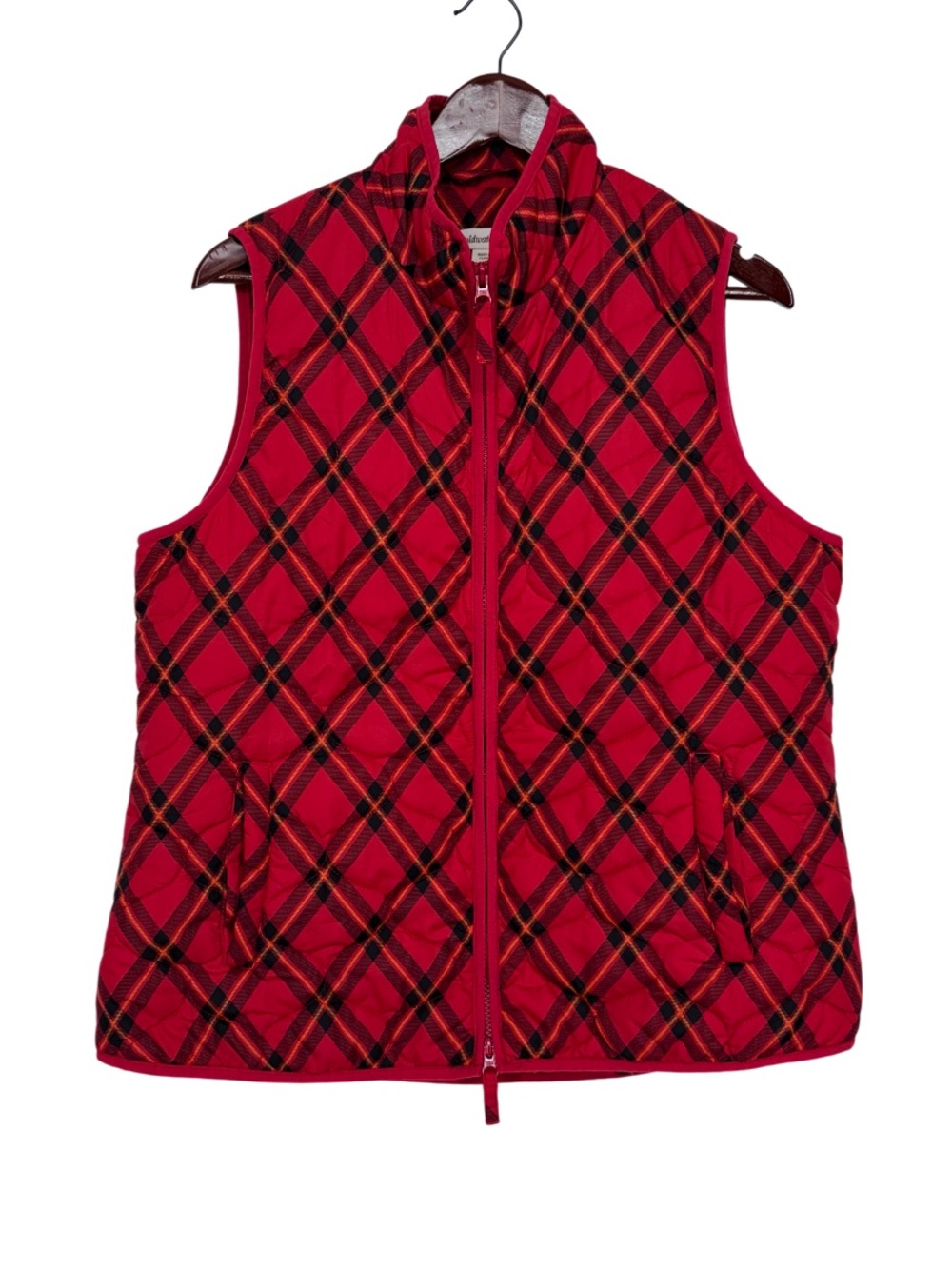 Coldwater Creek Red Black & Yellow Quilted Plaid Full Zip Vest With Pockets